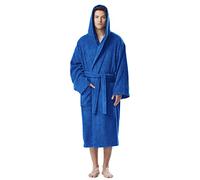 Bathrobe for men's hooded, 100% cotton terry, calf length, Royal Blue, L-XL