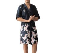 Bathrobe Men's Lightweight Sexy Dressing Gown Satin Kimono Men Thin Summer Sauna Gown Long Sleeve Pyjamas Breathable Nightdress Print House Coat Japanese V-Neck Robe, black, XXXL