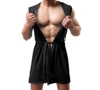 Bathrobe Shawl Collar Men's Mesh Transparent Underwear Sexy Kimono with Belt Lightweight House Coat Comfortable Loungewear Erotic Sleepwear Casual Cape Top, O Black, XXL