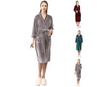 Bathrobe Women's Sauna Kimono - Sauna Gown Women's Lightweight Thin Velvet Sleeping Gown with Pockets House Coat Front Open Dressing Gown Sleepwear Loungewear Pyjamas Tie Belt Pyjamas Nightwear, Wine