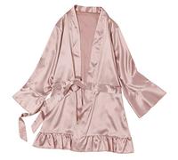 Bathrobe Women's Short Thin Dressing Gown Satin Short Black Kimono Long Sleeve Ruffle Sleepwear with Belt Short Robe Sexy Sauna Gown Lightweight Bathrobes for Party, Wedding, Bride, pink, XL