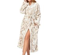 Bathrobe Women's Warm Flannel Fluffy Dressing Gown with Two Side Pockets and Belt Long Cuddly Grid Pattern Sauna Gown House Coat Terry Cloth Bath Poncho Lightweight Pyjamas, O Beige, XL
