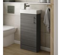 Nuie MIN003 Vault Modern Bathroom Cloakroom Compact Single Soft Close Door Floor Standing Vanity Unit with 1 Tap Hole Ceramic Basin, 400mm, Woodgrain Anthracite