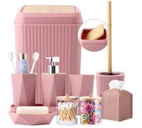 Bathroom Accessories Set, 10 Pieces Pink and Bamboo Bathroom Set with Trash Can, Tray, Soap Dispenser, Soap Dish, Toothbrush Holder, Toothbrush Cup, Tissue Holder, Toilet Brush and Qtip Holders