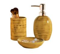 Bathroom Accessories Set, 3 Pcs Marble Look Bath Set Soap Dispenser & Toothbrush Holder Set, Counter Top Restroom Apartment Decor Stuff, Ceramic Kits, Unique Gift, Yellow