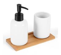Bathroom Accessories Set, 3Pcs Soap Dispenser Toothbrush Holder & Bamboo Tray, Contemporary Ceramic Bathroom Set Reusable for Bathroom, Washbasin, Sink, Bathtub(White-Round)