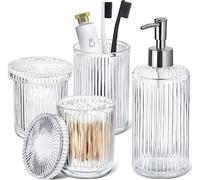 Bathroom Accessories Set, 4 Pack Clear Glass Bath Accessory Sets Complete, Ribbed Soap Dispenser and Toothbrush Holder Set with 2 Qtip Holders, Modern Sliver Bathroom Counter Decor and Essentials