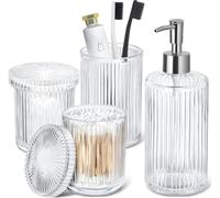 Bathroom Accessories Set, 4 Pack Clear Glass Bath Accessory Sets Complete, Ribbed Soap Dispenser and Toothbrush Holder Set with 2 Qtip Holders, Modern Sliver Bathroom Counter Decor and Essentials