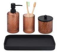 Bathroom Accessories Set,4 Pcs Amber Glass Bathroom Accessories Sets-Lotion Soap Dispenser,Toothbrush Holder,Qtip Holder Dispenser & Resin Vanity Tray,Countertop Vanity Organizer,Amber