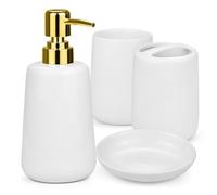 Bathroom Accessories Set, 4 Pcs Ceramic Bath Accessory Set Elegant Modern Toothbrush and Toothpaste Holder + Toothbrush Tumbler + Liquid Soap or Lotion Dispenser Dish, White