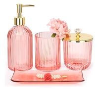 Bathroom Accessories Set, 4 Pcs Glass Bathroom Accessories Sets Complete w/Lotion Soap Dispenser, Toothbrush Holder, Apothecary Jar, Vanity Tray, Modern Bathroom Decor, Gift for Home Apartment- Pink