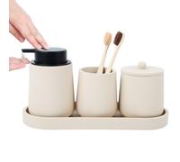 Bathroom Accessories Set,4 Piece Bathroom Accessory Set Includes Toothbrush Holder,Liquid Soap Dispenser,Qtip Holder & Vanity Tray,Bathroom Organizer for Modern Bathrooms - Beige