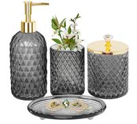 Bathroom Accessories Set, 4Pcs Gray Glass Bathroom Accessory Set Complete w/Lotion Soap Dispenser, Toothbrush Holder, Qtip Holder, Soap Dish, Gold Bathroom Decor Sets, Gift for Home Apartment