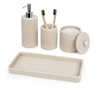 Bathroom Accessories Set 4Pcs-Lotion Soap Dispenser,Toothbrush Holder,Qtip Holder Dispenser,Vanity Tray for Decor Bathroom Countertop,Vanity Organizer-Beige