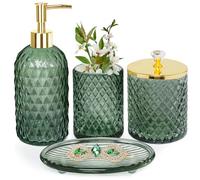Bathroom Accessories Set, 4Pcs Sage Green Glass Bathroom Accessory Set Complete w/Lotion Soap Dispenser, Toothbrush Holder, Qtip Holder, Soap Dish, Gold Bathroom Decor Sets, Gift for Home Apartment