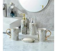 Bathroom Accessories Set - 5 PCS Ceramic Creative Bath Set with Toothbrush Holder, 2 Toothbrush Cups, Soap Dish, Liquid Soap Dispenser, Bathroom Counter Accessories Sets (04)