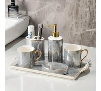 Bathroom Accessories Set - 5 PCS Ceramic Creative Bath Set with Toothbrush Holder, 2 Toothbrush Cups, Soap Dish, Liquid Soap Dispenser, Bathroom Counter Accessories Sets (02)