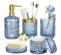 Bathroom Accessories Set, 5Pcs Clear Blue Glass Bathroom Set, Luxury Soap Dispenser Set with Lotion Dispenser, Toothbrush Holder, Soap Dish, Tumbler, Cotton Swab Jars Canister, Bathroom Decor