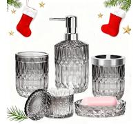 Bathroom Accessories Set, 5PCS Glass Bath Decor Set, Includes Soap Dispenser, Soap Dish, Toothbrush Holder, Tumbler and Jar, Vintage Gift (Gradient Black & Clear)