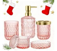 Bathroom Accessories Set, 5PCS Glass Bath Decor Set, Includes Soap Dispenser, Soap Dish, Toothbrush Holder, Tumbler and Jar, Vintage Gift (Pink)