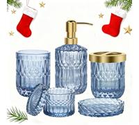Bathroom Accessories Set, 5PCS Glass Bath Decor Set, Includes Soap Dispenser, Soap Dish, Toothbrush Holder, Tumbler and Jar, Vintage Gift (Blue)