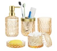 Bathroom Accessories Set, 5PCS Glass Bathroom Accessories Complete Set of Lotion Dispenser, Includes Soap Dispenser, Soap Dish, Toothbrush Holder, Tumbler and Jar, Stylish Modern Bathroom Decor (Gold)