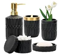 Bathroom Accessories Set, 5PCS Glass Set of Lotion Dispenser, Includes Soap Dispenser, Soap Dish, Toothbrush Holder, Tumbler and Jar, Stylish Modern Bathroom Decor (Black)