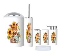 Bathroom Accessories Set 6 Pcs Baby Highland Cow Picnic Basket Sunflowers Watercolor Toothbrush Holder Cup Soap Dispenser Soap Dish Toilet Brush Holder Trash Can for Countertop Decor