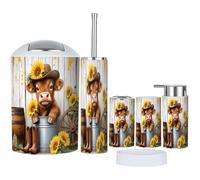 Bathroom Accessories Set 6 Pcs Highland Cow Shower Curtain Bathroom Farmhouse Rustic Cow Sunflower Toothbrush Holder Cup Soap Dispenser Soap Dish Toilet Brush Holder Trash Can for Countertop Decor