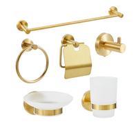 Bathroom Accessories Set 6-Piece, Gold Bathroom Hardware Set, 23.6" Towel Bar, Toilet Paper Holder, Towel Ring, Double Hook, Toothbrush Holder, Soap Dish for Bathroom