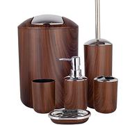 Bathroom Accessories Set 6 Piece Plastic Bath Ensemble Soap Dispenser Toothbrush Holder, Tumbler Soap Dish Soap Saver Trash Can Toilet Brush Holder Decorative Countertop Bathroom Accessoy Set (Brown)