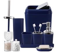 Bathroom Accessories Set 9-Piece Plastic Gift Set with Trash Can, Toothbrush Holder, Toothbrush Cup, Soap Dispenser, Soap Dish, Toilet Brush Holder, 2 Qtip Holder Dispensers and Tray (Navy Blue)