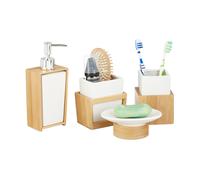 Relaxdays Bath Kit, 4-Piece Bathroom Accessories Set, Bamboo and Ceramics, Soap Dispenser and Tumbler, Natural/White