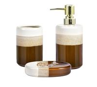 Luxury 3-Piece Bathroom Accessory Set Natural Reactive Glazed Ceramic Bath Shower Tub Décor Countertop Accessories Soap Dispenser Set for Home Hotel, Brown Gold