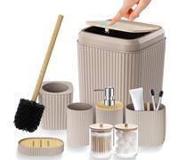 Bathroom Accessories Set - Unbreakable Beige Bathroom Set, Trash Can, Toilet Brush with Holder, Soap Dispenser, Toothbrush and Toothpaste Holder, Tumbler Cup, Soap Dish, Qtip Holder, Bamboo Decor