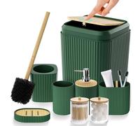 Bathroom Accessories Set - Unbreakable Green Bathroom Set, Trash Can, Toilet Brush with Holder, Soap Dispenser, Toothbrush and Toothpaste Holder, Tumbler Cup, Soap Dish, Qtip Holder, Bamboo Decor
