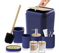 Bathroom Accessories Set - Unbreakable Navy Blue Bathroom Set, Trash Can, Toilet Brush with Holder, Soap Dispenser, Toothbrush and Toothpaste Holder, Tumbler Cup, Soap Dish, Qtip Holder, Bamboo Decor