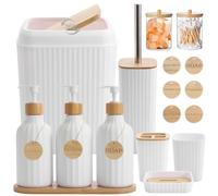 Bathroom Accessories Set White Bathroom Set with Trash Can,3PCS Lotion Soap Dispenser, Toothbrush Holder, Soap Dish,Tumbler Cup,6pcs Wood Tags White Bath Accessories with Tray for Bathroom Decor