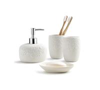 Bathroom Accessories Set with Embossed Design 4PCS, Ceramic White Bathroom Accessory Set Bathroom Toothbrush Holder Set Home Decor, 1 Soap Dispenser 13.5oz, 2 Tumbler Cup, 1 Soap Dish, ANTIS'S HOME