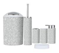 Bathroom Accessory Set 6 Piece Silver Glitter Seamless Texture Toothbrush Holder, Toothbrush Cup, Soap Dispenser, Soap Dish, Toilet Brush Holder, Trash can