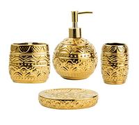Bathroom Accessory Set Complete, Luxury Embossing Bath Accessories Home 4 Piece Bath Accessory Sets with Gold Soap Dispenser, Toothbrush Holder, Tooth Mug and Soap Dish.Golden Christmas Decorations