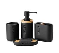 Bathroom Accessory Set, with Decorative Bamboo/Wood Accessories, Resin, Soap Dispenser, Toothbrush Holder, Soap Dish, Bathroom Decoration, Kitchen Accessories (Black)