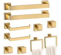 Bathroom Accessory Towel Bar Set: 10 Pieces Gold Bathroom Hardware Square SUS304 Stainless Steel - Wall Mounted Towel Rack&Toilet Paper Holder&Towel Ring and Towel Hook