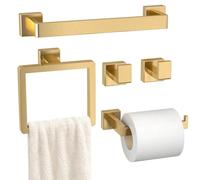 Bathroom Accessory Towel Bar Set: 5 Pieces Gold Bathroom Hardware Square SUS304 Stainless Steel - Wall Mounted Towel Rack&Toilet Paper Holder&Towel Ring and Towel Hook
