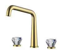 Bathroom All-Copper Crystal Double-Handle Split Hot and Cold Dual-Control Basin Faucet, Zircon Gold + Transparent Polygonal Crystal Handle