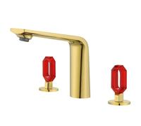Bathroom All-Copper Crystal Double-Handle Split Hot and Cold Dual-Control Basin Faucet, Zirconium Gold + Red Crystal Handle