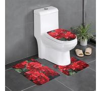 Bathroom Anti-Slip Floor Mat Set of 3 24x16in YYHWHJDE red Geraniums Pattern Contour, Oval & Rectangular Rugs for Toilet, Vanity & Restrooms