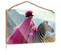 Bathroom Art Funny A Person In A Pink Feathered Cloak Rides A Zebra Wooded Sign Indie Room Decor Door Decorations Hanging Outdoor(15X28CM)
