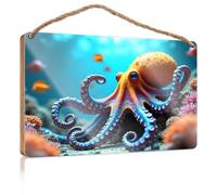 Bathroom Art Funny A Vibrant Orange Octopus With Large Eyes Amidst Colorful Coral And Fish Wooded Sign Indie Room Decor Door Decorations Hanging Outdoor(23X35CM)