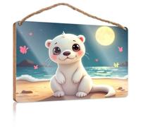 Bathroom Art Funny Adorable Polar Bear By The Moonlit Beach Wooden Sign Pool Decor Office Decor(23X35CM)